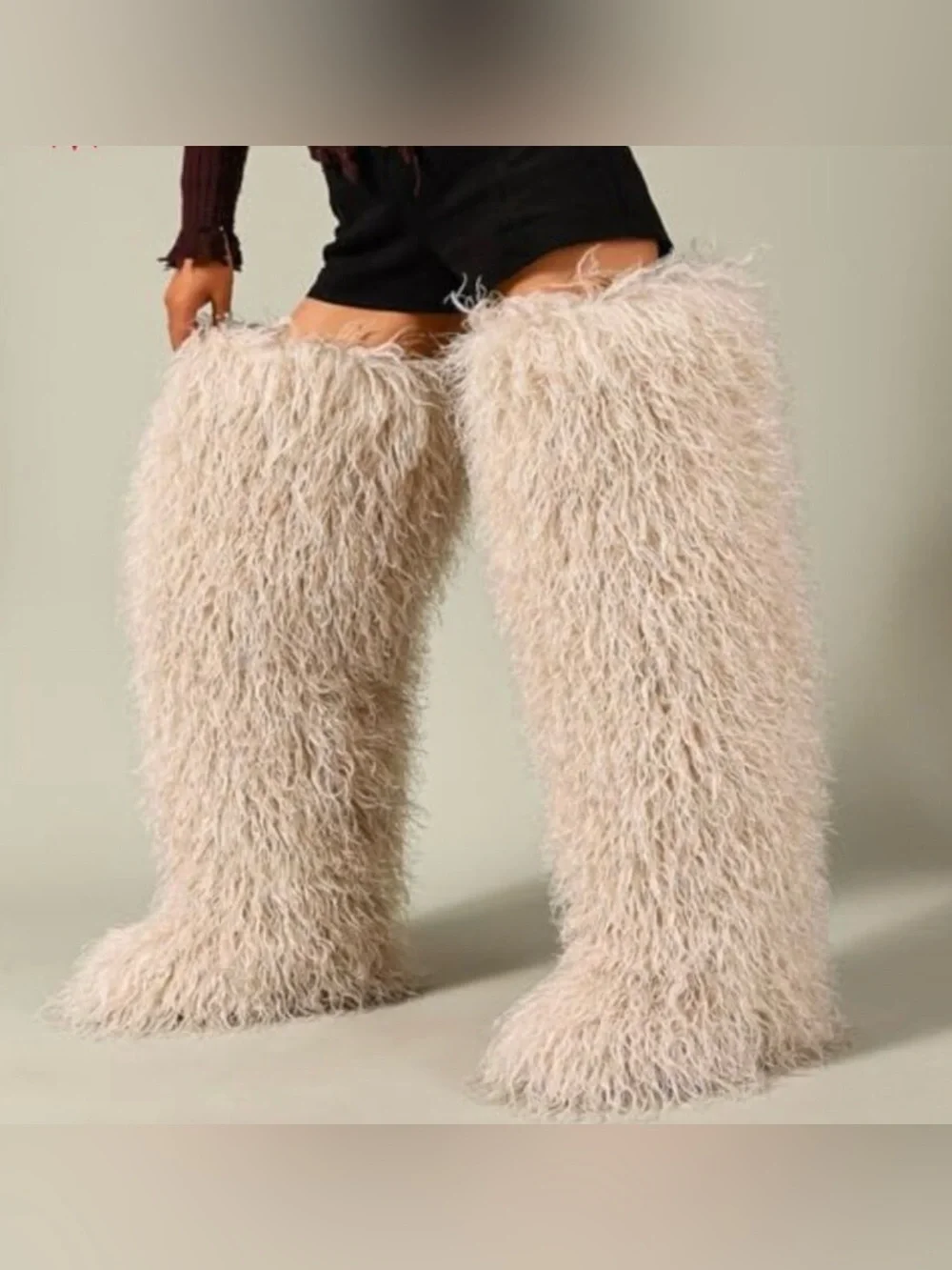 Faux Fur Fluffy over the knee Thigh-High Boots - Beige
